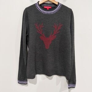 KRIMSON KLOVER Gray Deer Sweater Merino Wool Size Large